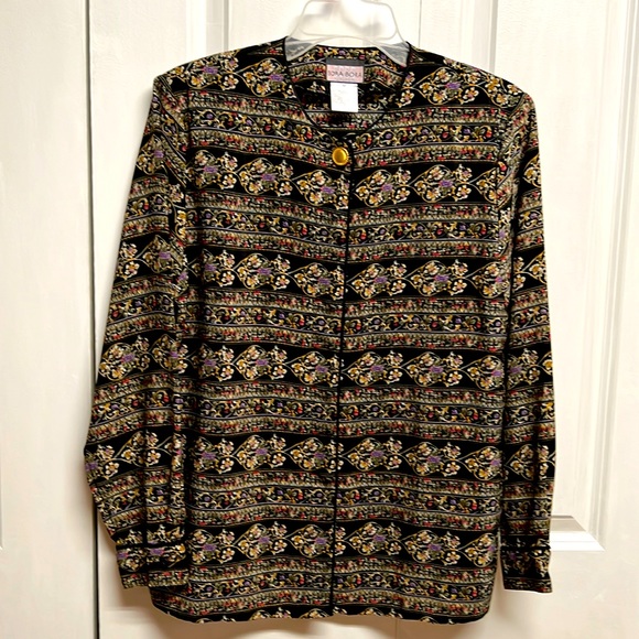 Vintage Tops - Vintage Bora Bora Black Multi Color Floral Print Long Sleeve Top Size PM